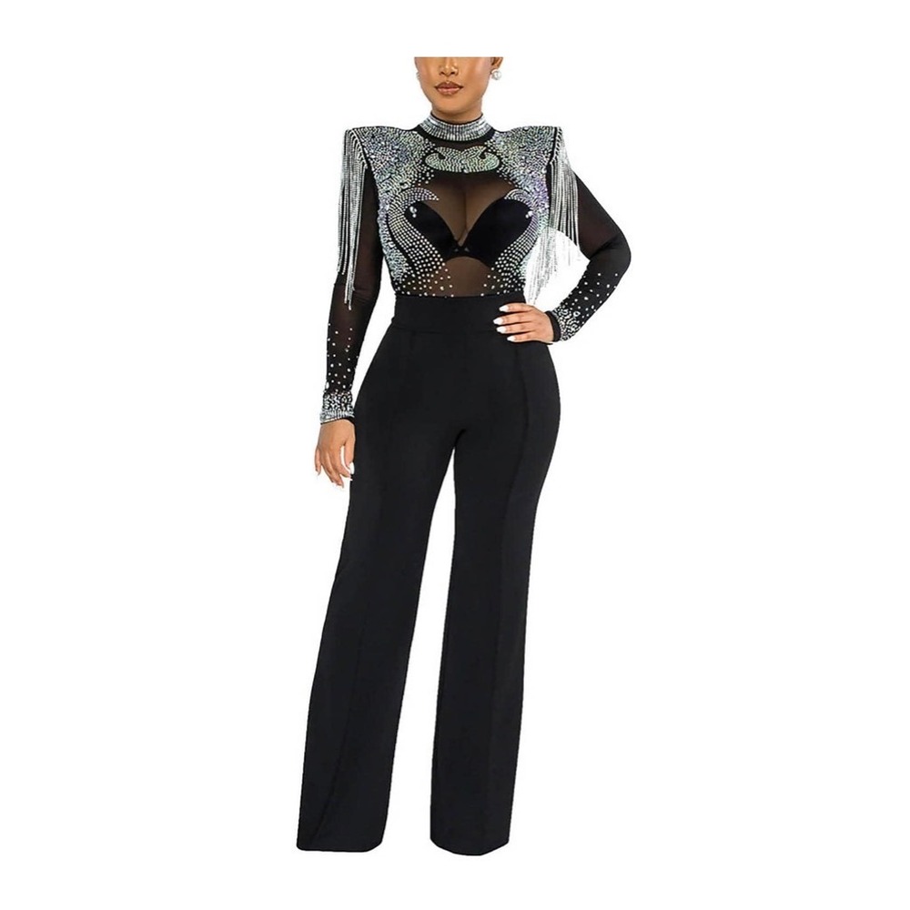 Black Rhinestone Mesh Fringe Jumpsuit Mock Neck Sheer Bodice XL High Waist
